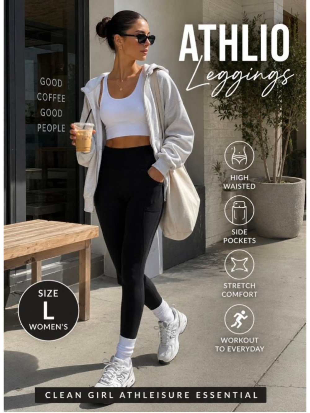 Athlio Black High Waisted Pocket Leggings Women’s Large Athleisure Gym Yoga